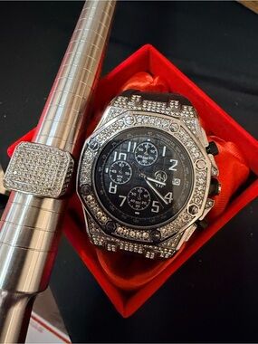Stainless Steel Crystal-Embellished Black Dial Chronograph Watch w/ sz 10 Ring